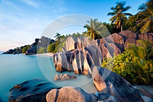 Beach of Anse Source dÃ¢â¬â¢Argent on La Digue island in Seychelles photo